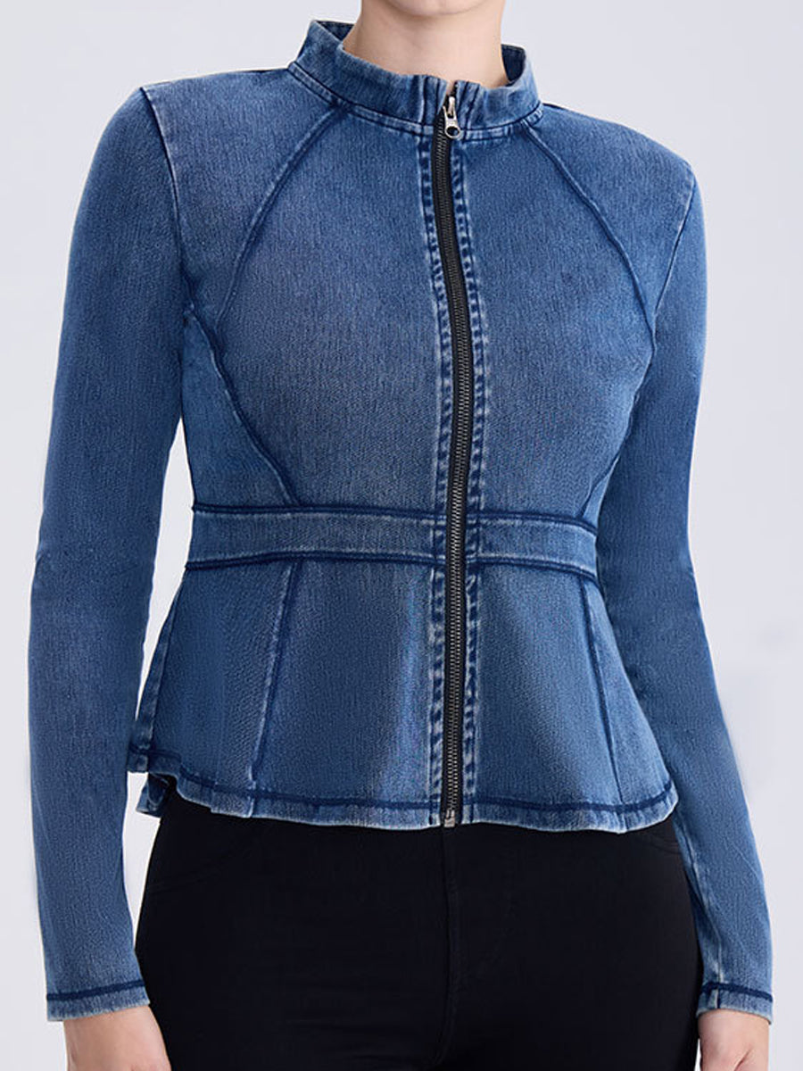 High-Neck A-Line Denim Zip-Up Yoga Jacket