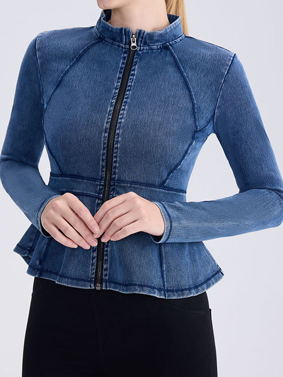 High-Neck A-Line Denim Zip-Up Yoga Jacket