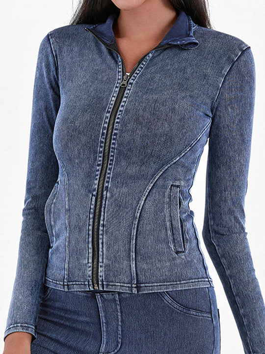 Knit Denim Zip-Up Yoga Jacket