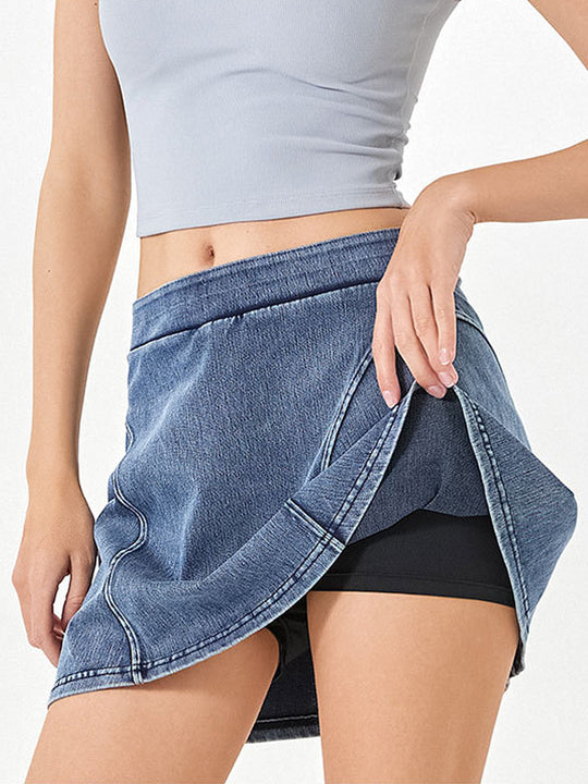 High-Stretch Layered Denim Yoga Skort