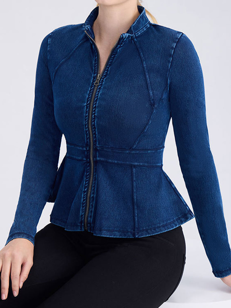 High-Neck A-Line Denim Zip-Up Yoga Jacket