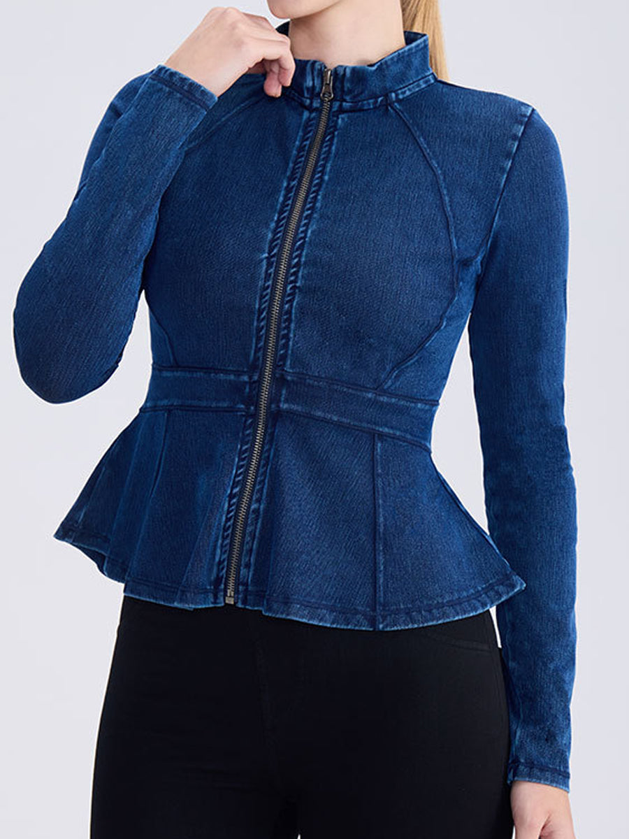 High-Neck A-Line Denim Zip-Up Yoga Jacket