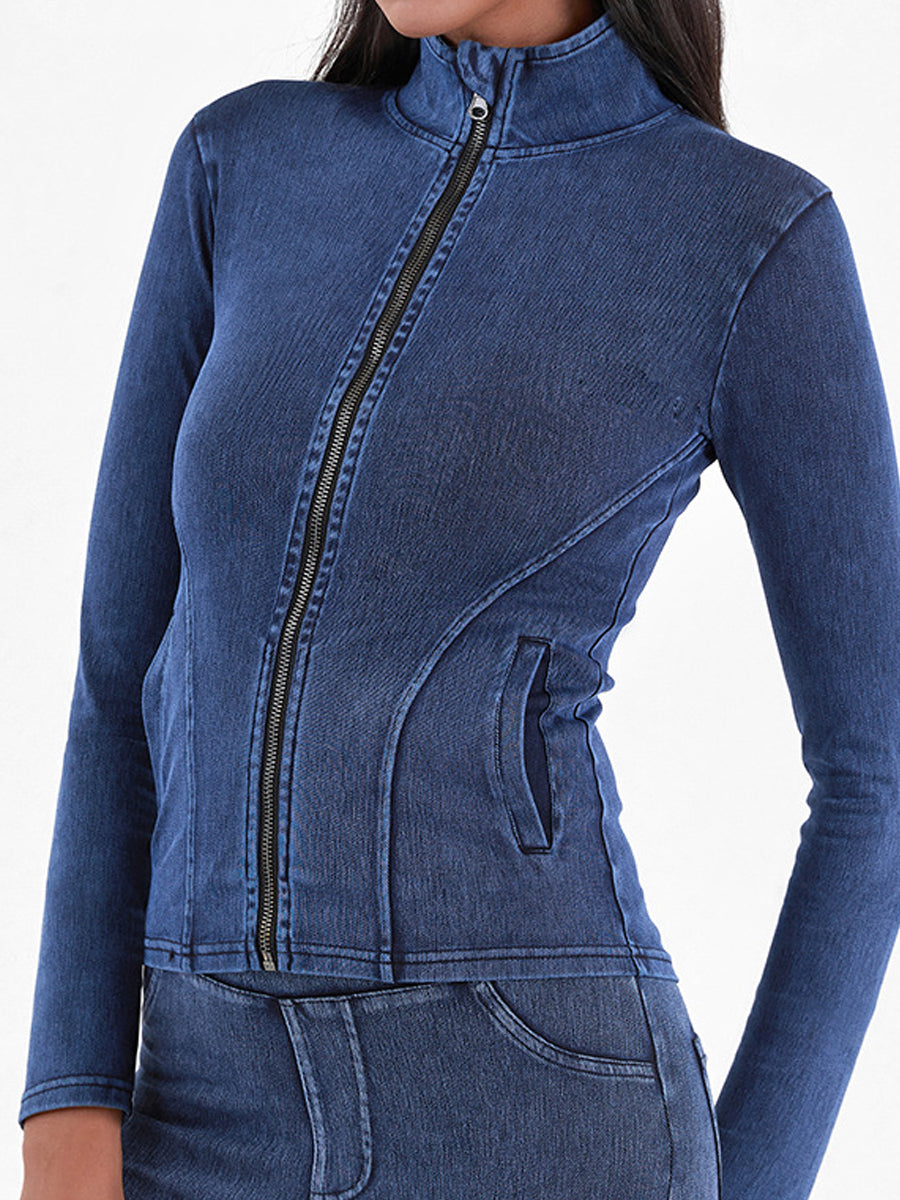 Knit Denim Zip-Up Yoga Jacket