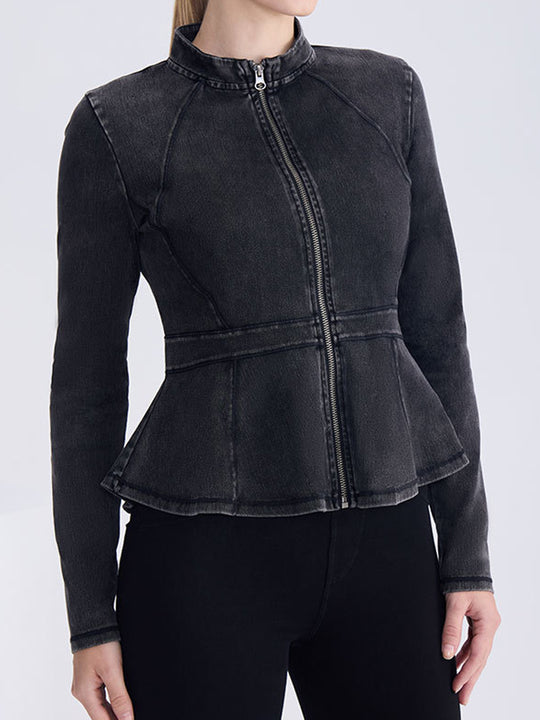 High-Neck A-Line Denim Zip-Up Yoga Jacket