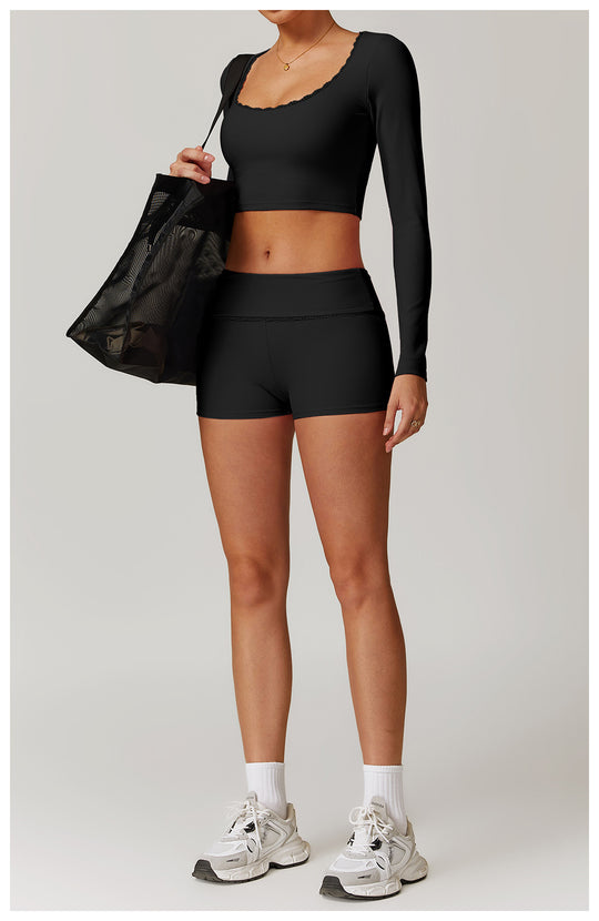 Lace-Trim High-Waist Slimming Workout Shorts