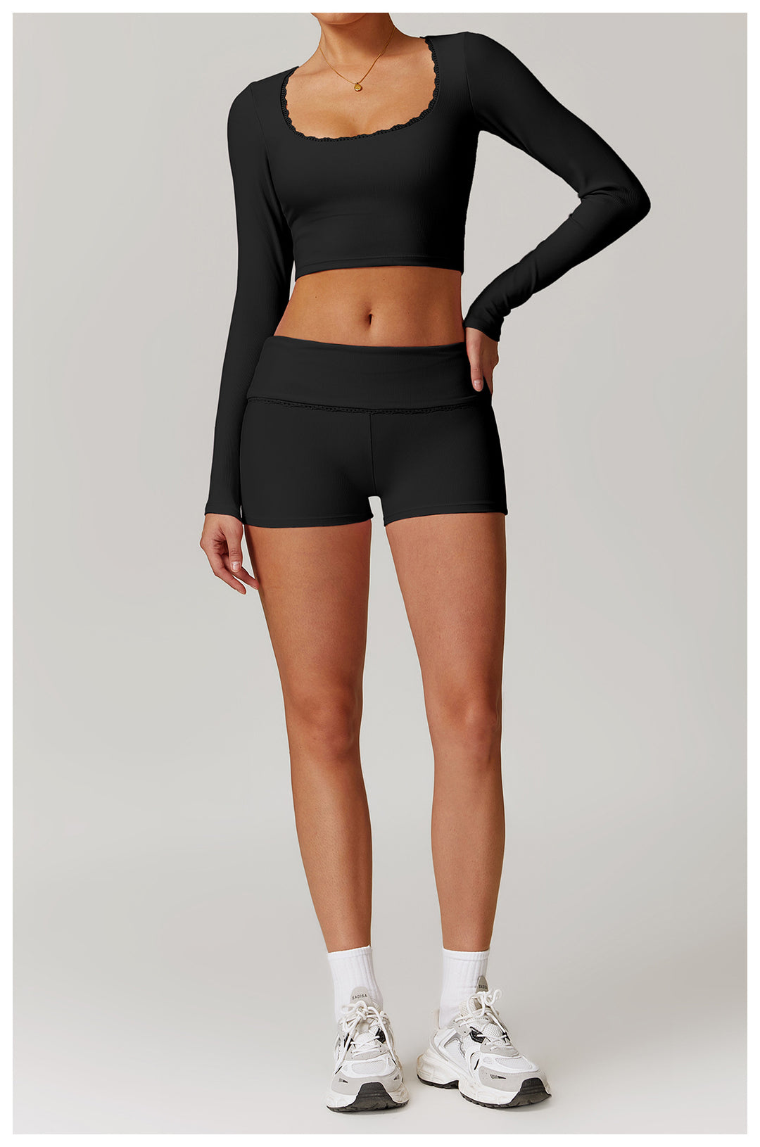 Lace-Trim Long Sleeve Yoga Top